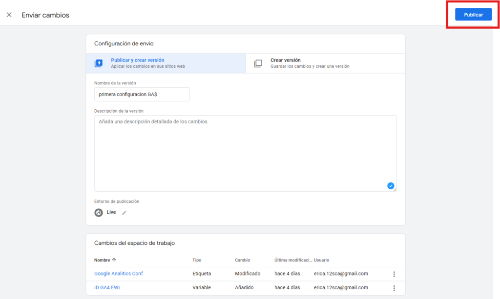 Cómo publicar cambio en Google Tag Manager